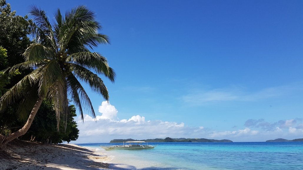 blauwe zee, strand bootje palmboom